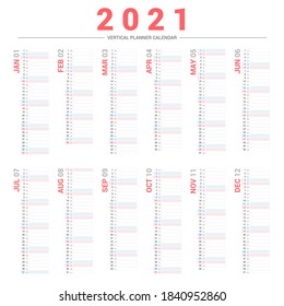 Diseño vertical del calendario del planificador 2021.