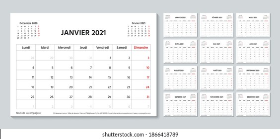2021 planner in french. Calendar template. Week starts Monday. Vector. Calender layout.Table schedule grid with 12 month. Yearly stationery organizer. Horizontal monthly diary. Simple illustration. 