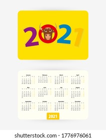 2021 pocket calendar with colorful numbers of year 2021, week starts on monday.