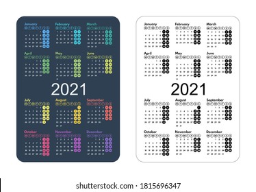 2021 pocket calendar, first day monday, two weekends, vector illustration