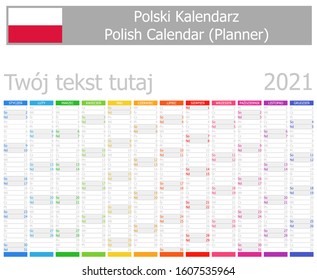 2021 Polish Planner Calendar with Vertical Months on white background