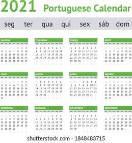 Calendario Europeo Portugués 2021. Las semanas empiezan el lunes