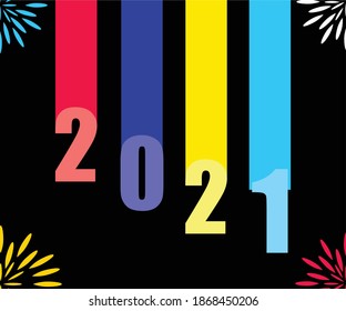 2021 Plakat mit einem bunten Blumenmuster an allen vier Ecken und fallen nach unten bunten Zahlen. 2021 neue Jahreskarte für Grußkarten und Einladungskarten. Vektorgrafik.