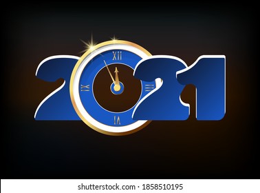 2021, poster  Happy New Year, template. Creative design of gold number and white clock, which counts down to five minutes at midnight. Blue background, Christmas. Design for calendar cards or printing