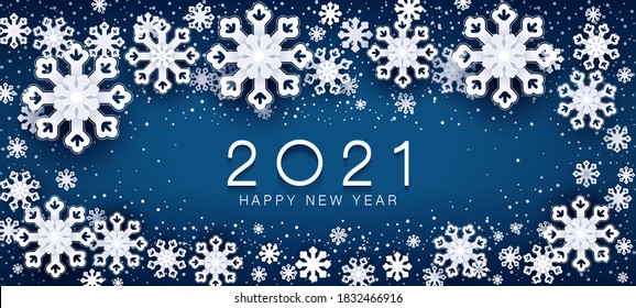 2021 poster, numbers Happy New Year. Holiday, White layered paper cut asian style snowflakes, flowers elements on blue background. Mobile phone screen saver design. Chinas art, template, mobile app
