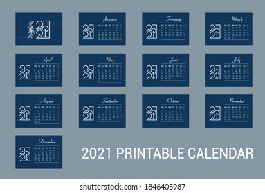 2021 PRINTABLE CALENDAR TEMPLATE.
Calendar 2021 template layout, 12 months yearly calendar set in 2021, blue background, business brochure flyer, print media, advertisement, Simple design template.