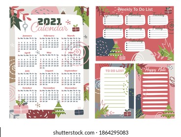 2021 printable wall Calendar on abstract backgrounds.  Weekly To Do List. Schedule template for school or business with Geometric element. 12 Month Calendar  with Christmas tree and gift. Happy Note. 