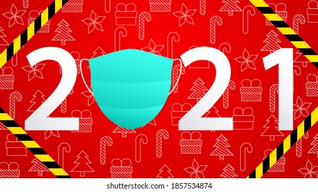 2021 with a protective face mask.Happy New Year 2021 with the protective tape of the coronavirus epidemic COVID-19. Vector Illustration.Horizontal posters, cards, headers, website.
