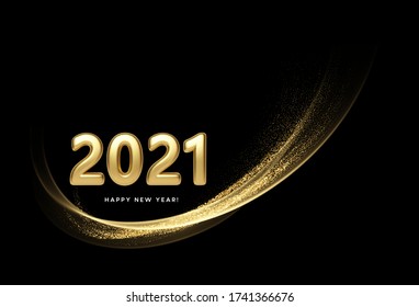 2021 realistic golden 3d inscription on the background of gold glitter confetti wave. Vector illustration EPS10