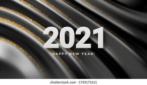 2021 realistic golden 3d inscription on the background of black silk wave. Vector illustration EPS10