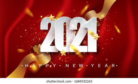 2021 Red Christmas, New Year Background . Greeting Card Or Poster With Happy New Year 2021 With Gold Glitter And Shine. Ector Illustration For Web.