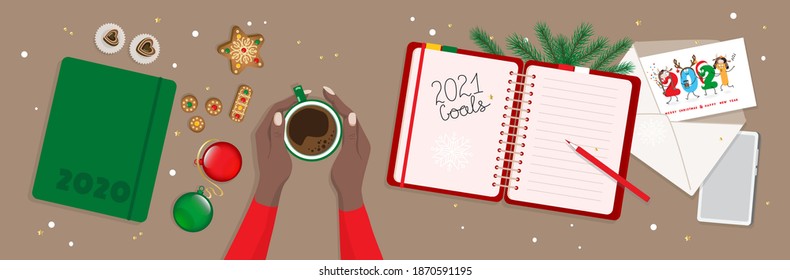 2021 resolutions vector banner. Female hands holding a cup of coffee, woman thinking about new goals, plans. 2020, 2021 paper notebooks, greeting card in envelope, Christmas tree branches, gingerbread