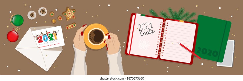 2021 resolutions vector banner. Female hands holding a cup of coffee, woman thinking about new goals, plans. 2020, 2021 paper notebooks, greeting card in envelope, Christmas tree branches, gingerbread