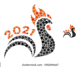 Mosaico de cola de gallo de 2021 de elementos de círculo en diversos tamaños y colores. Los elementos del círculo vectorial se agrupan en mosaico de cola de gallo de 2021. 2021 cola de gallo aislada en un fondo blanco.
