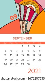 2021 September calendar abstract contemporary art vector. Desk, screen, desktop month 09, 2021, colorful 2021 calendar template, agenda pattern. Psychedelic sketched calendar, planner. September page.