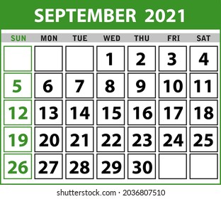 2021 September Calendar Layout template isolated in white background, Week starts Sunday. Pocket calendar year layout. Year organizer. Stationery template in minimal design. vector illustration