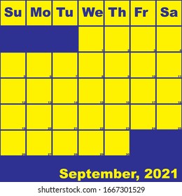 2021 September yellow on blue planner calendar with huge space for notes