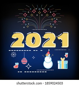 2021, set. Fine art, concept of new year 2020 banner. Yellow and white numbers design. Line drawing, pattern, snowman, gifts. Holiday poster, blue background. Christmas.Elements for calendar, greeting