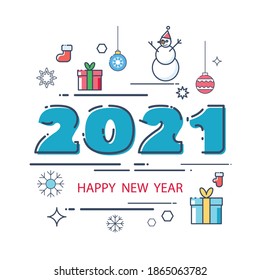 2021, set. Thin art, concept the new year 2020 banner. Blue and white numbers design. Linear picture, pattern, snowman. Festive poster on a white background. Christmas. Elements for calendar, items