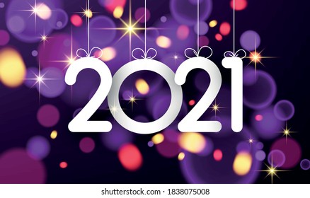 2021 sign on blurred violet background. 2021 hanging on ribbons with bow. Multicolored bright confetti. Vector holiday illustration.