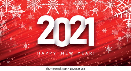 2021 sign on red brushstroke background with white snowflakes. Happy new year sign. Vector holiday illustration.