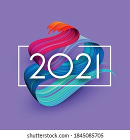 2021 sign over 3d paint gradient brush stroke. White square frame. Violet background. Vector holiday illustration.
