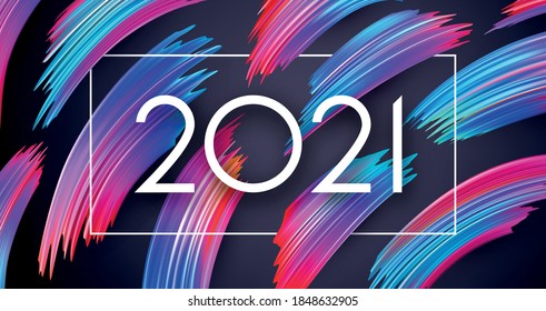 2021 sign with white square frame on black background with brush strokes. Vector holiday illustration.