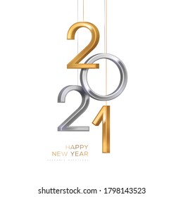 2021 silver and gold numbers hanging on white background. Vector illustration. Minimal invitation design for Christmas and New Year.