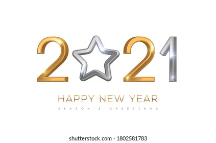 2021 silver and gold numbers with star hanging on white background. Vector illustration. Minimal invitation design for Christmas and New Year.