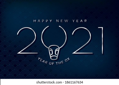 2021 Silver Metallic Style Numerals Logo with Ox or Bull Head with Horns and Year of Ox Lettering Happy New Year Greeting Concept - Chrome on Traditional Asian Background - Vector Mixed Graphic Design
