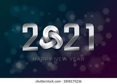 2021 Silver Numerals Logo mit Dreifach-Mobile Loop Unmögliche Abbildung und glückliche Neujahrsschrift - Silber auf hellblauem Hexagon-Hintergrund - Vektorgrafikdesign