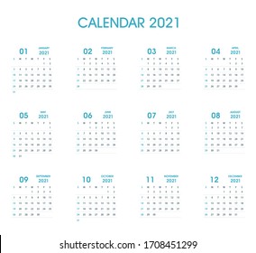 2021 Simple Calendar Flat design. Blue Color. Isolated on white. Calendar design template. Week starts on Sunday. Business vector illustration.
