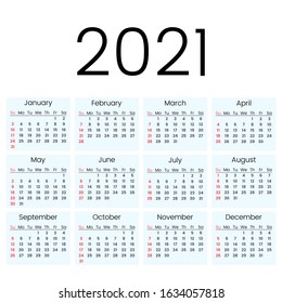 2021 simple calendar. calendar grid. The week starts on Sunday. flat vector illustration isolated on white background