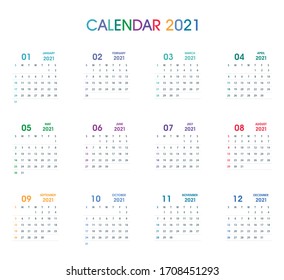 2021 Simple Color Calendar Flat design. Isolated on white. Calendar design template. Week starts on Sunday. Business vector illustration.