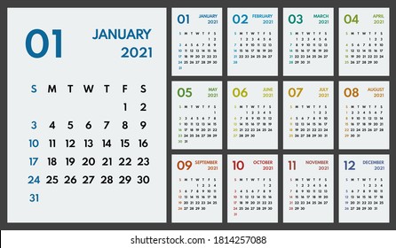 2021 einfache Vektorgrafik 12 bunte Monate Kalender, beginnt sonntags, weißer Hintergrund