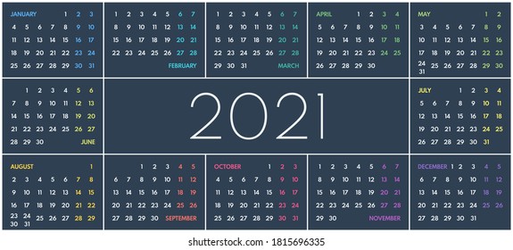 2021 simple vector 12 colorful months calendar, starts monday, two weekend, dark background