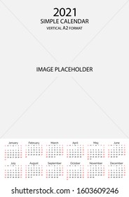 2021 simple vertical calendar grid template with image placeholder. Minimal business simple clean design. English grid, week starts from sunday