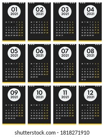 2021 simple vertical vector 12 months calendar, starts monday, two weekend, black background