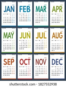 2021 simple vertical vector 12 colorful months calendar, starts monday, two weekend, white background