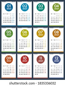 2021 simple vertical vector 12 colorful months calendar, starts monday, two weekend, white background