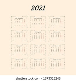 2021 simple calendario anual de paredes. 12 meses en juego. La semana comienza el lunes.