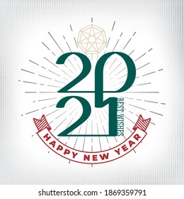2021 Marca caligráfica de línea única Estilo emblema logotipo y Año nuevo feliz con los mejores deseos saludo sobre el arrebato de sol - Multicolor sobre fondo blanco - Diseño gráfico de contraste de vectores