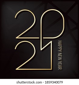 2021 Single Line Glossy Gold Style Numerals Logo and Happy New Year Lettering Greeting Creative Concept - Golden on Holographic Triangles Black Background - Vector Mixed Graphic Design