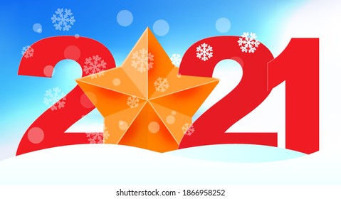2021 in snowdrifts with a big yellow star. Merry Christmas and happy New Year related 3d realistic vector illustration.