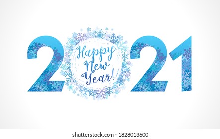 Bolas de copos de nieve blancas de 2021 y letras de Año Nuevo Feliz.  20 y 21 inscripciones y texto de saludo, vector Ilustración para banner de Navidad o tarjeta de saludo