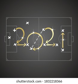 2021 Soccer strategy for goal gold arrows new year 2021 white black board background