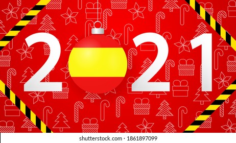 2021 with Spain Flag. 2021 with the protective tape of the coronavirus epidemic COVID-19. Vector Illustration.Horizontal posters, cards, headers, website.Coronavirus in 2021.