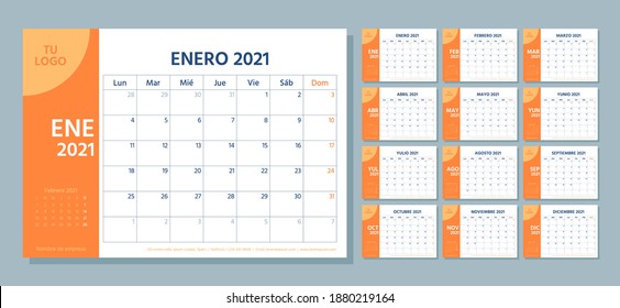 2021 Spanish planner. Calendar template. Week starts Monday. Vector. Calender layout with 12 month. Yearly stationery organizer. Table schedule grid. Horizontal monthly diary. Simple illustration