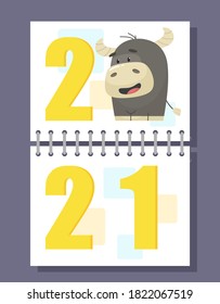 2021 spiral calendar postcard with bull. Vector illustration in flat cartoon style.