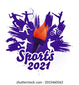 2021 Sports Concept With Brush Stroke Effect Athletics And Flaming Torch On White Background.